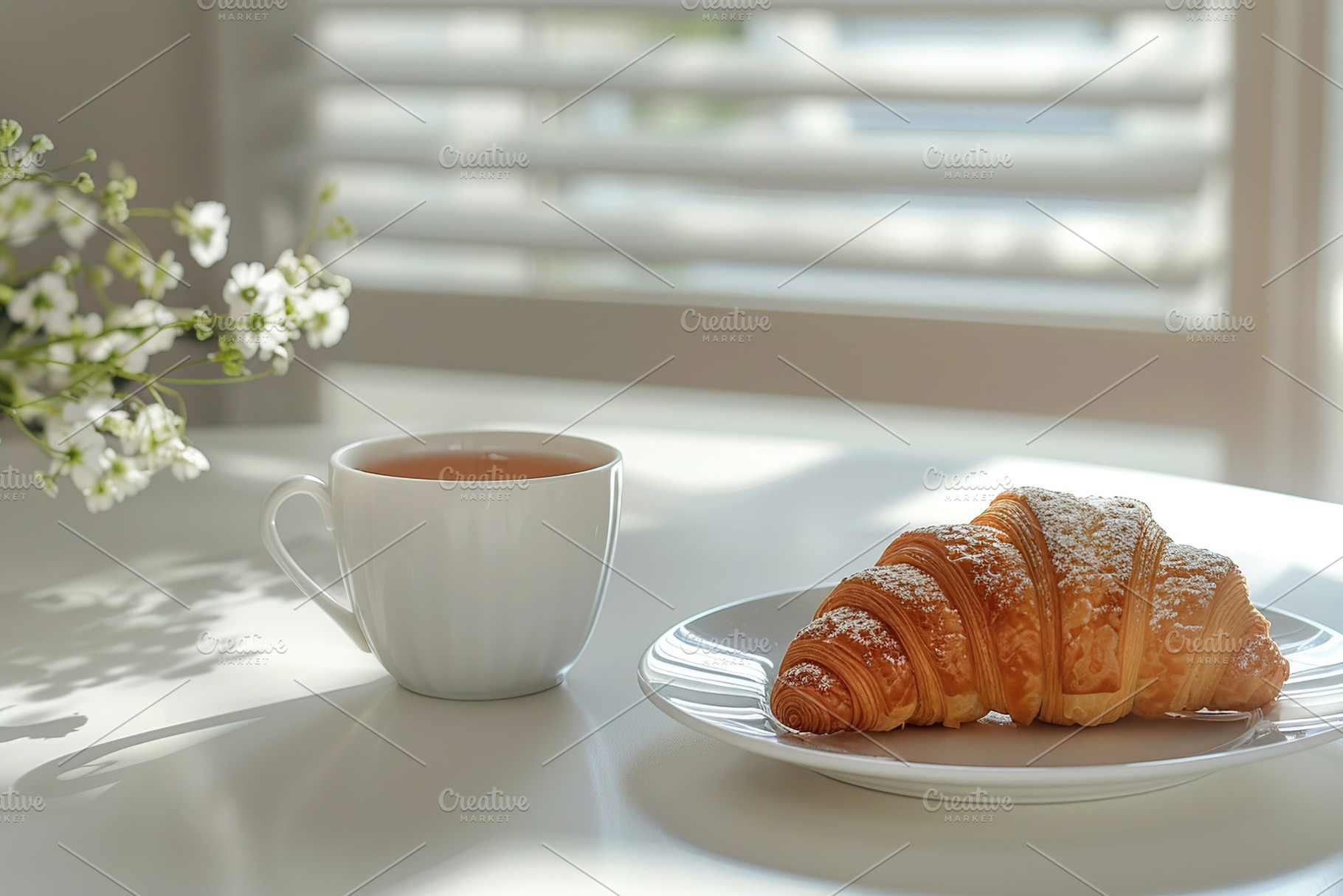 Cup of tea and croissant on white kitchen table, a Food & Drink Photo by AlyaAnd