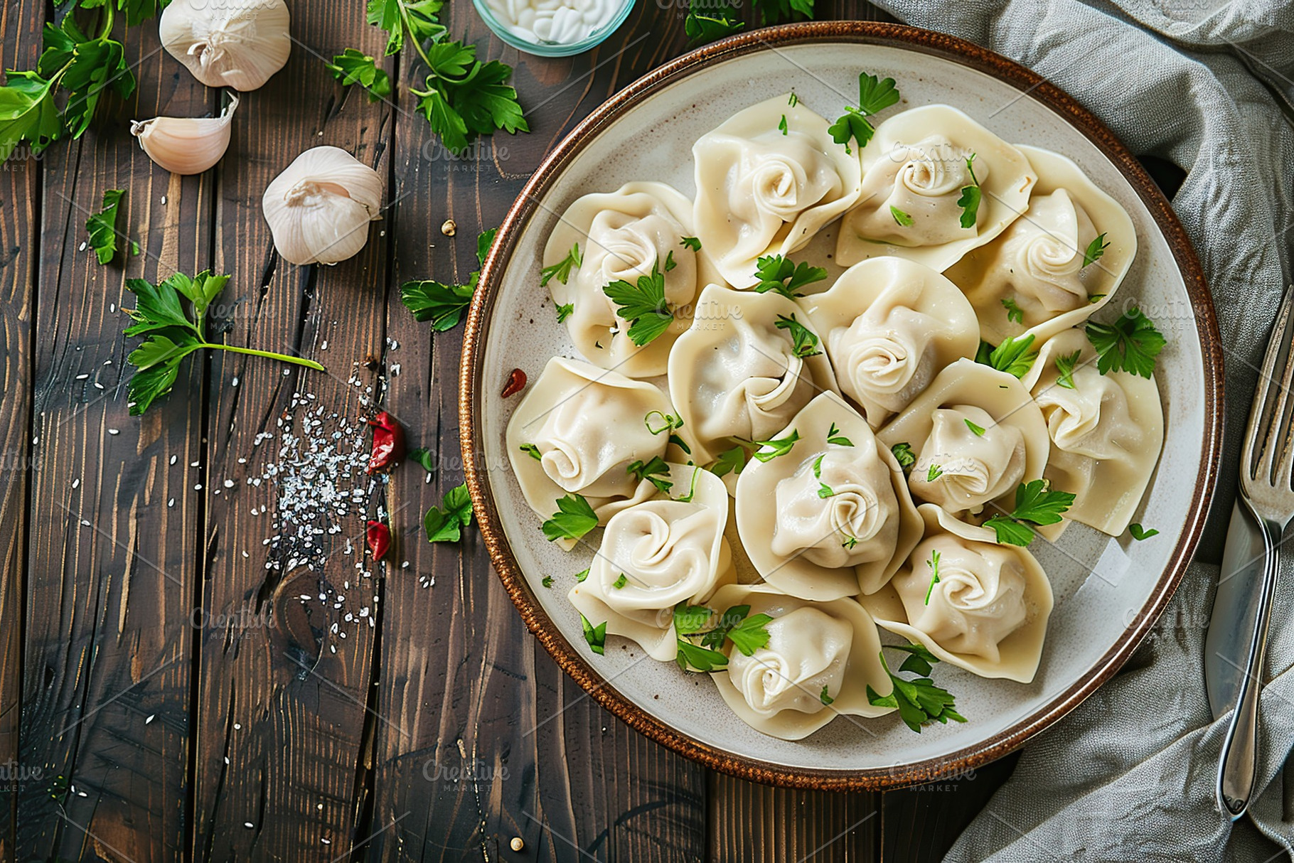Homemade meat dumplings on wooden table, a Food & Drink Photo by AlyaAnd