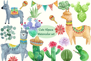 Cute Alpaca and Cacti set