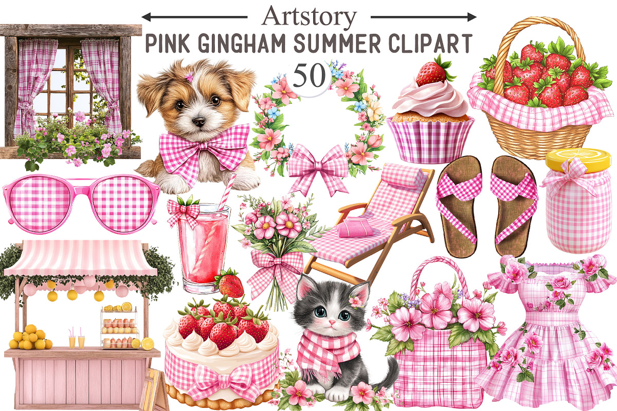 Bohemian Pink Gingham Summer Clipart, an Illustration by designcity5 (Photo 1 of 5)