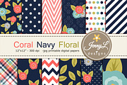 Coral Navy Floral Digital Papers, a Pattern Graphic by JennyL Designs (Thumbnail 1 of 5)