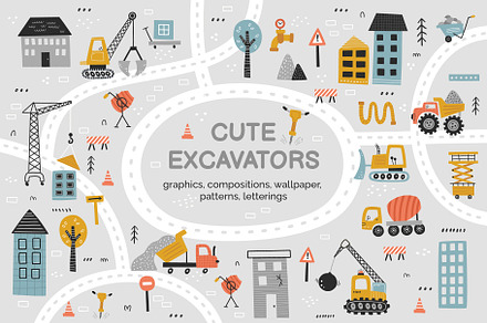 Cute Excavators Clipart Collection, a Transportation Illustration by Leysan Shayak