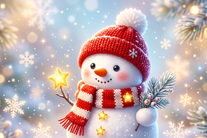 Cute Snowman Holding Star in Winter