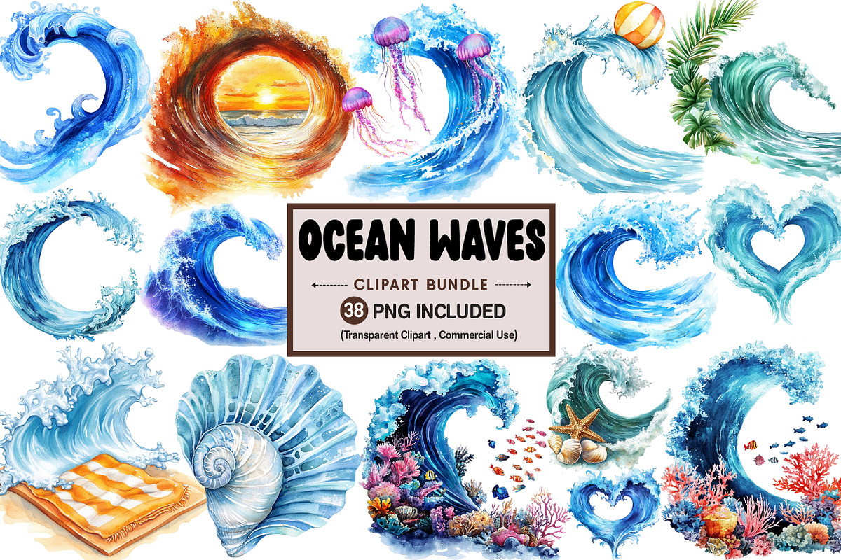 Ocean Waves Watercolor Bundle, an Illustration by Pixels.Craft (Photo 1 of 8)