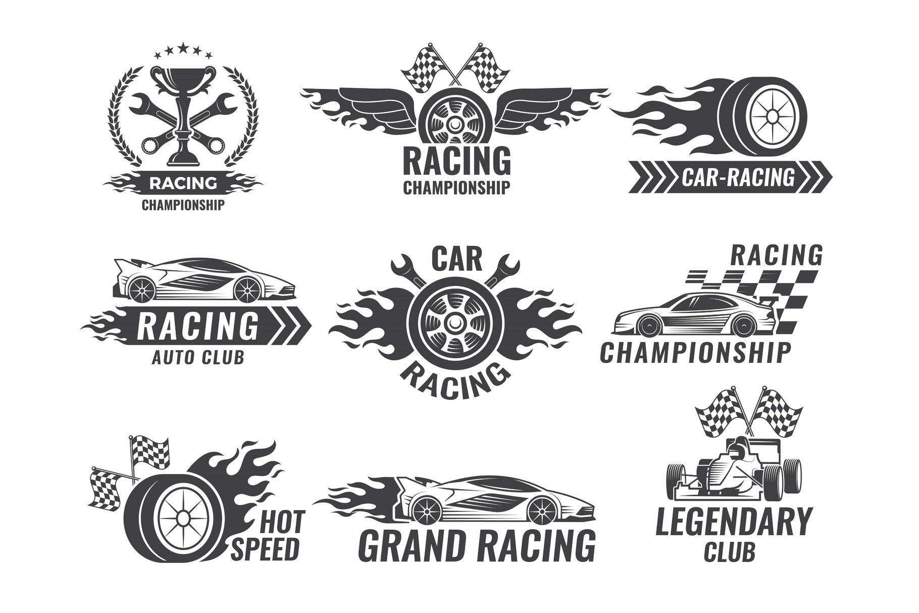 Monochrome labels and badges of sport labels. Racing cars, a Background ...