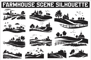 Farmhouse scene silhouette vector, an Illustration by Amazin_art