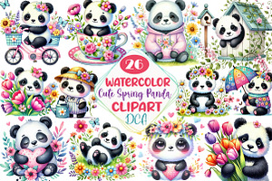 Cute Spring Panda Clipart, an Illustration by DreamCafeArt