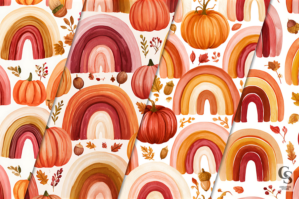 Fall Rainbow & Pumpkin Digital Paper, a Pattern Graphic by Creative Store (Photo 2 of 5)