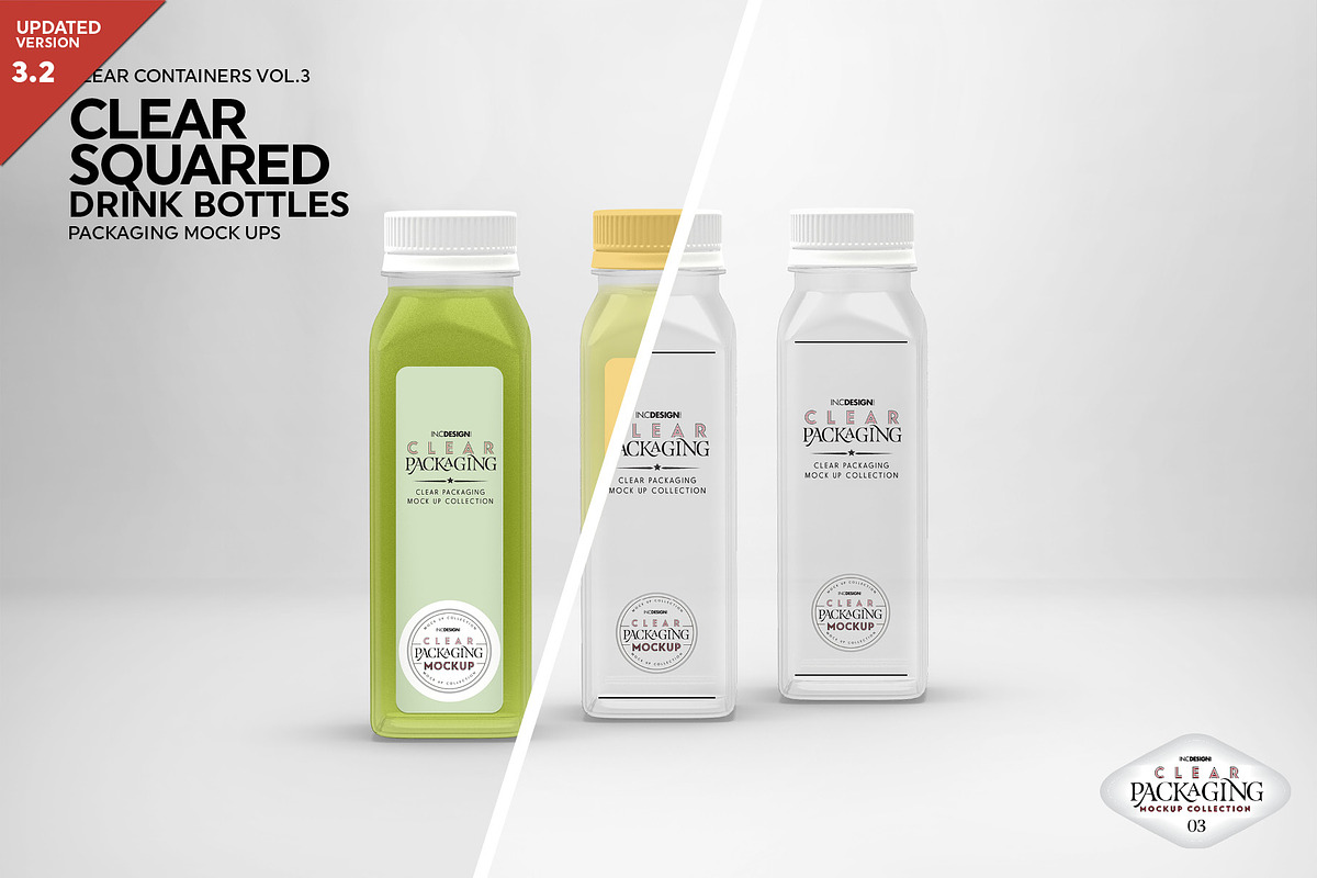 Clear Squared Bottles Mockup, a Packaging Mockup by INCDesign (Photo 1 of 8)