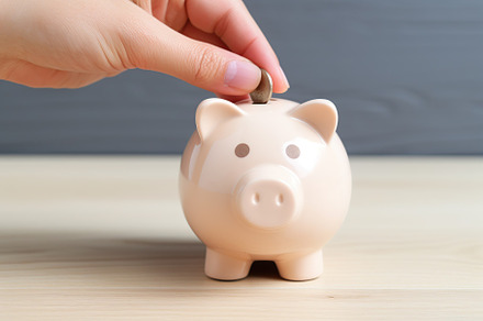 Female hand putting coin into piggybank on wooden background, a Business Photo by AlyaAnd