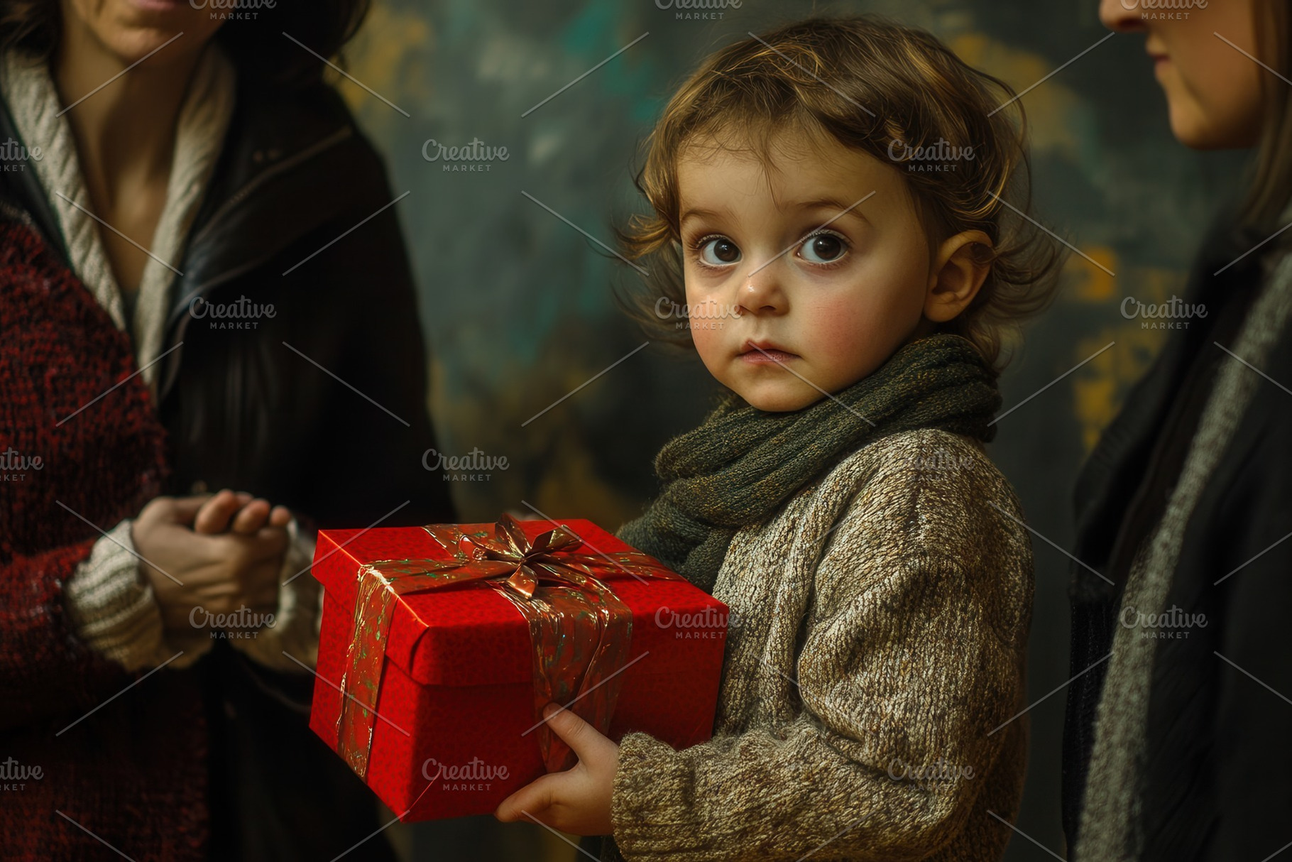 A child presents a red gift box, a Photo by Pavel_design