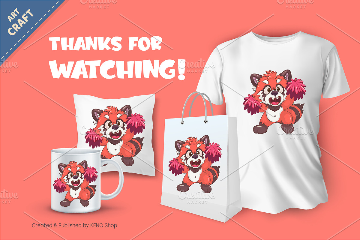 Cheerleader red panda cartoon., an Animal Illustration by KENO Mascots (Photo 3 of 3)