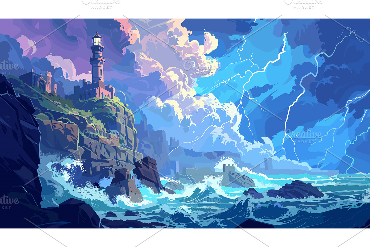 Cartoon lighthouse on a cliff, an Illustration by LadadikArt