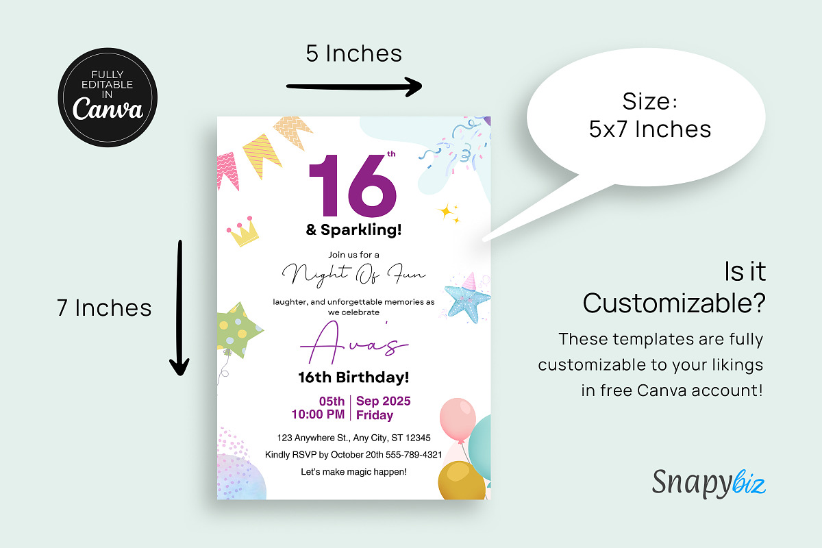 Editable 16 Birthday Invitation, an Invitation Template by Snapybiz (Photo 4 of 9)