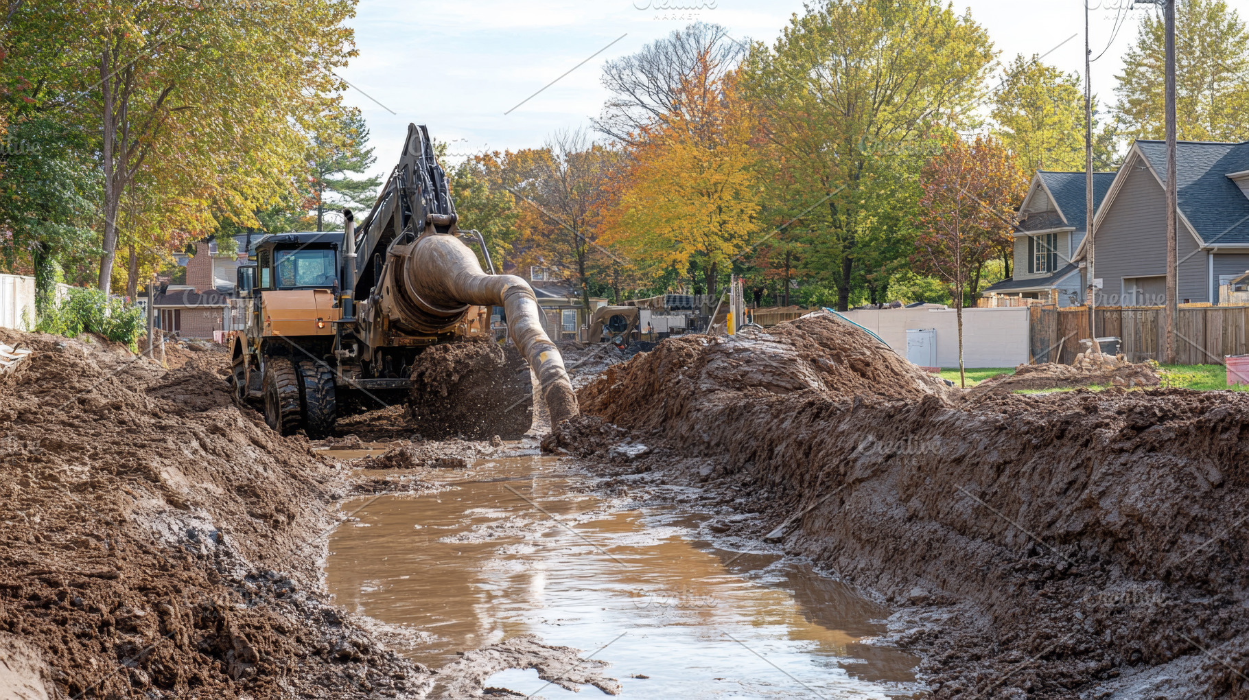 Muddy Road Construction Site with Heavy Excavator in Action, an Abstract Photo by Natalia Klenova's Shop