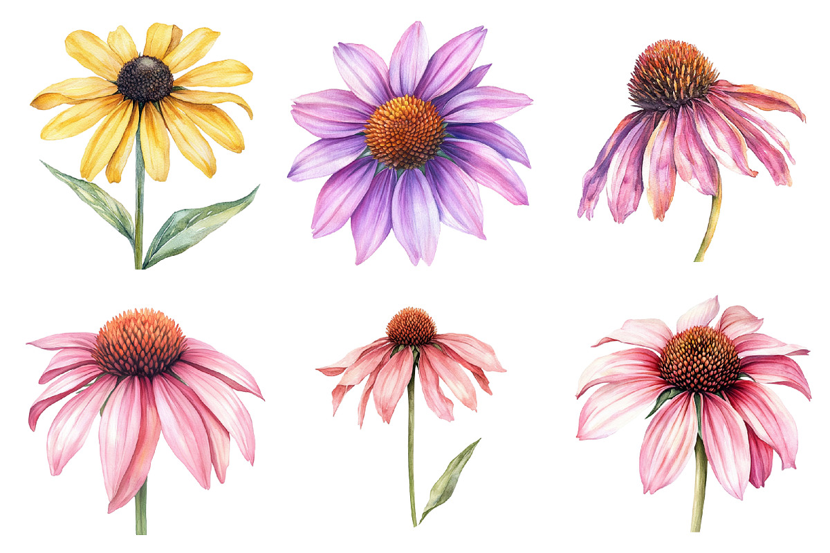 Coneflower Watercolor Clipart, an Illustration by SinaCreation (Photo 3 of 5)