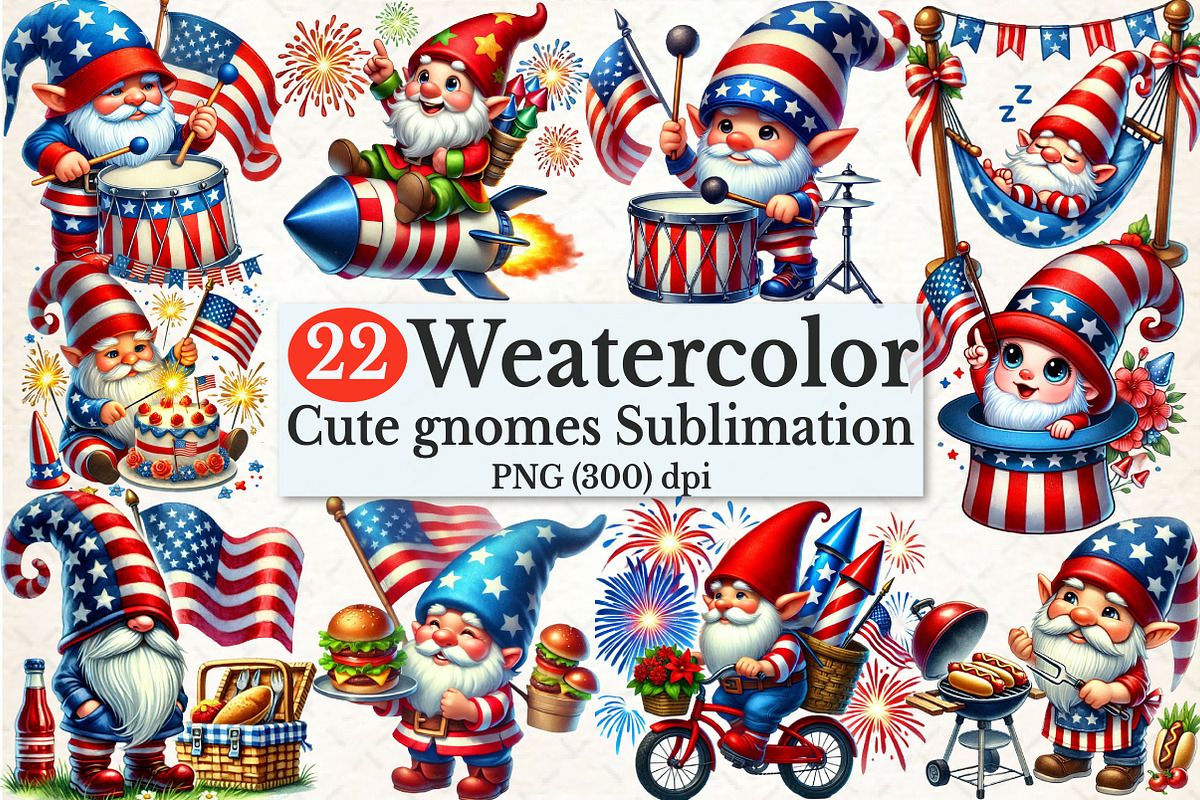 4th Of July gnomes Sublimation Clipa, an Illustration by Rose Art (Photo 1 of 7)