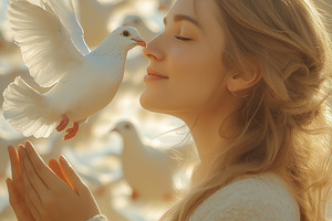 A serene young woman with long blonde hair gently interacts with a white dove,, a Person Photo by ImageMir