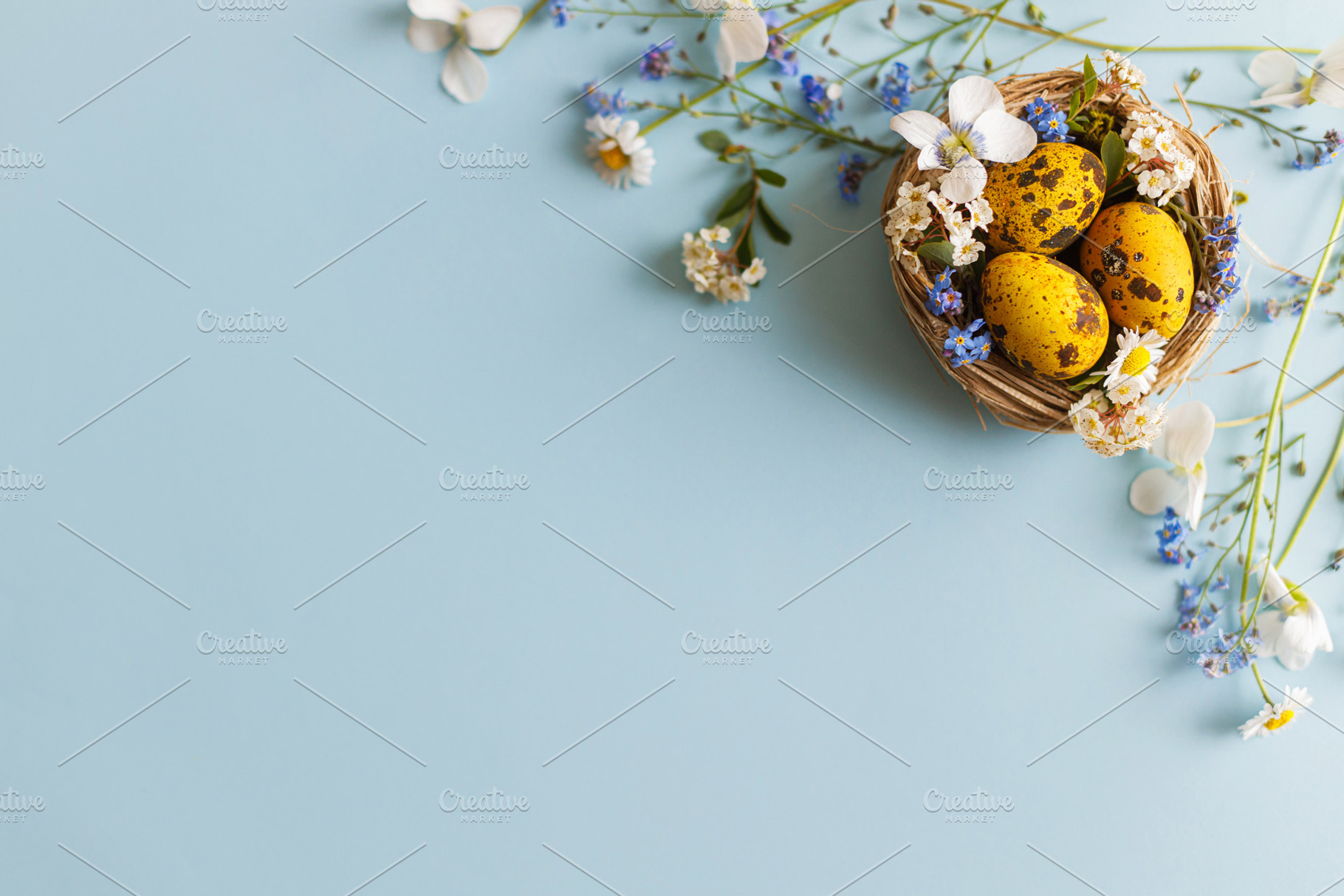 Happy Easter! Modern yellow eggs in nest with spring blossom fla, a Holiday Photo by Sonjachni