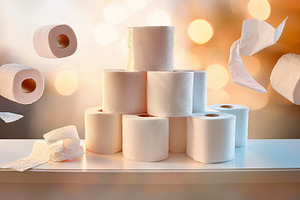 Toilet paper rolls on cabinet and rolls and strips falling, a Health & Medical Photo by Davizro's Market
