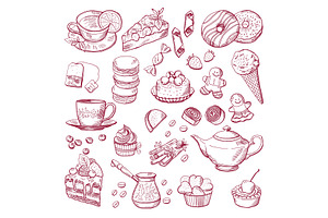 Tea And Coffee Different Elements. Sweets, Cupcakes. Hand Drawn Vector Illustrations