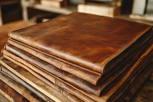 Stack of rich, dark brown leather sheets showcasing texture and craftsmanship., a Background Photo by ImageMir