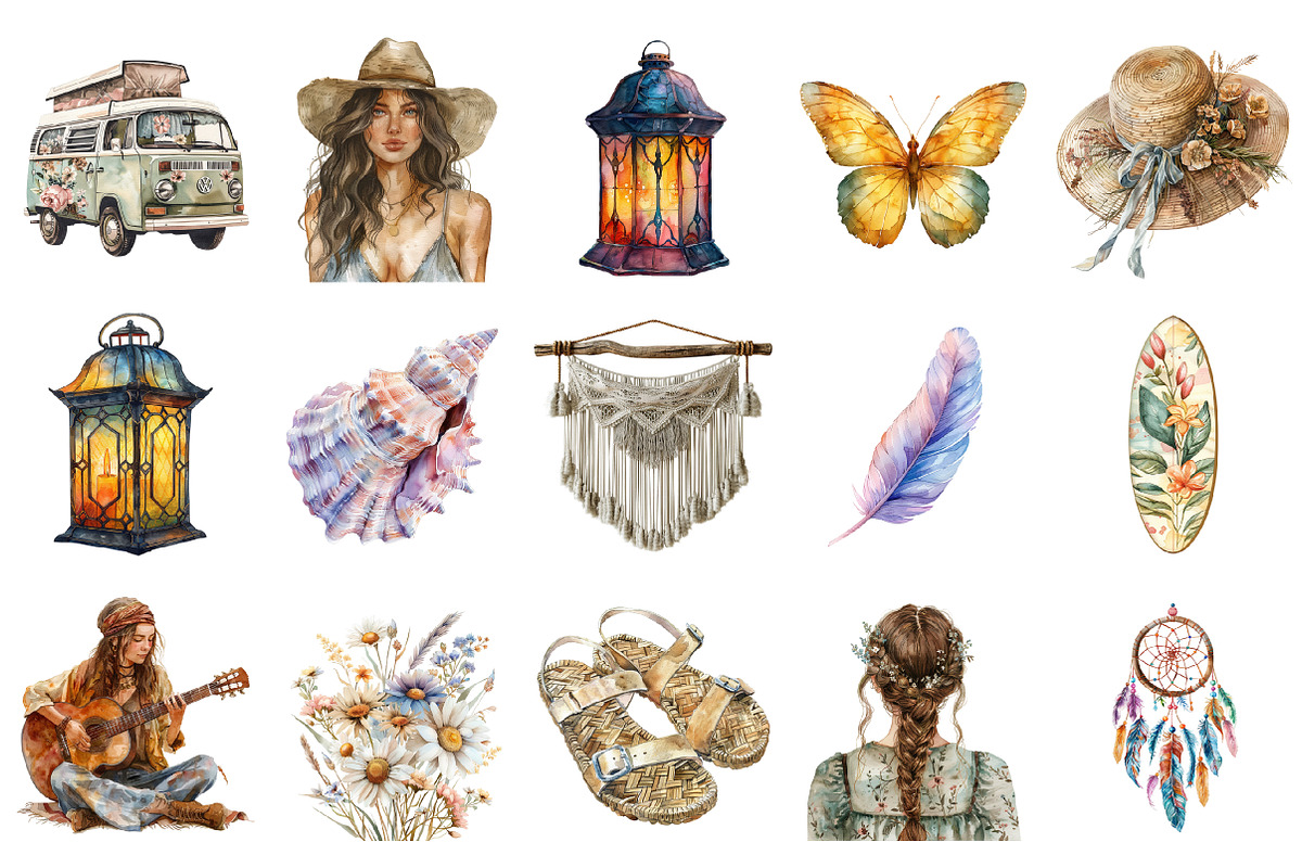 Watercolor Boho Summer ClipArt, an Illustration by Design Market (Photo 3 of 9)