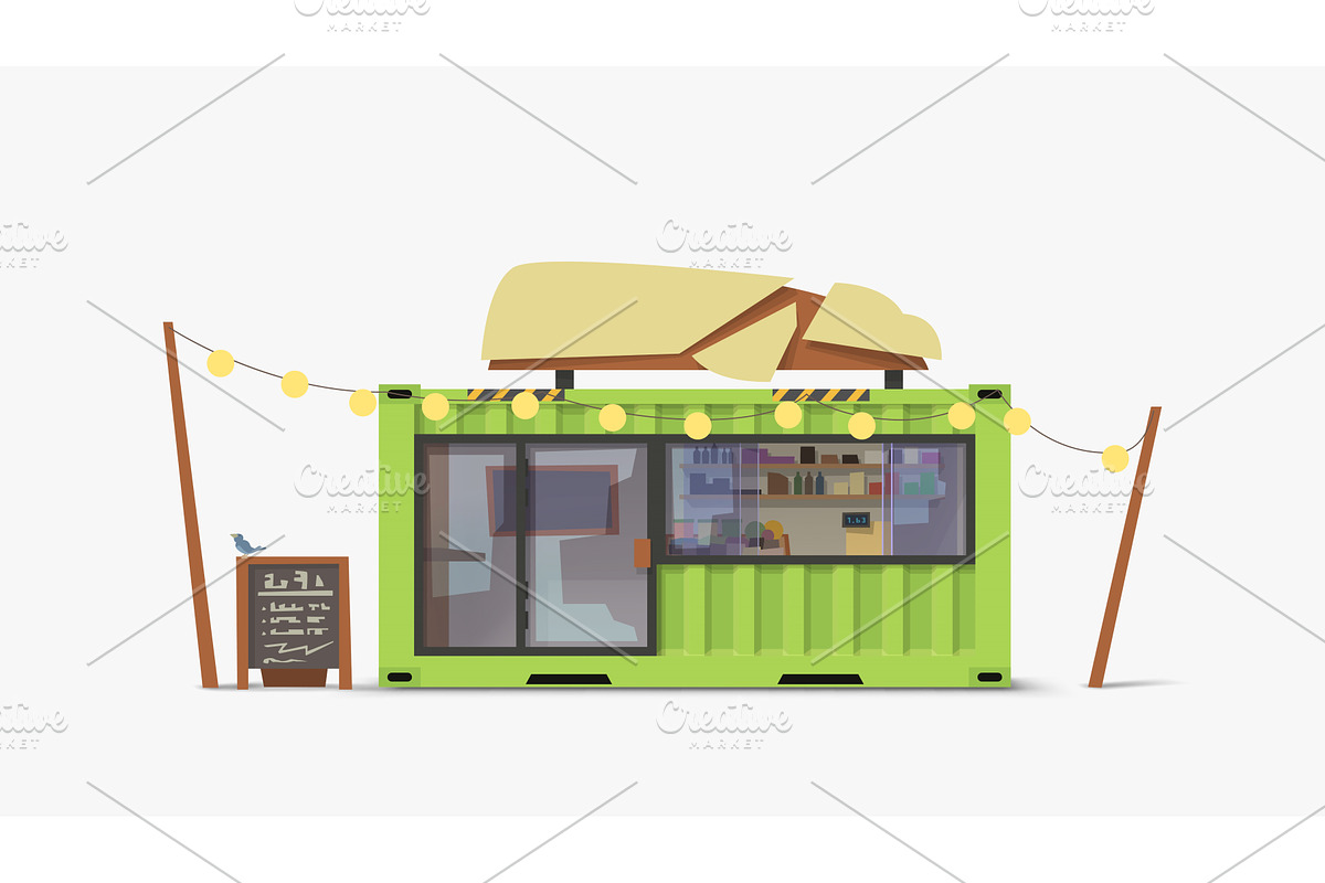 Container coffee shop with lights, a Food Illustration by IfH