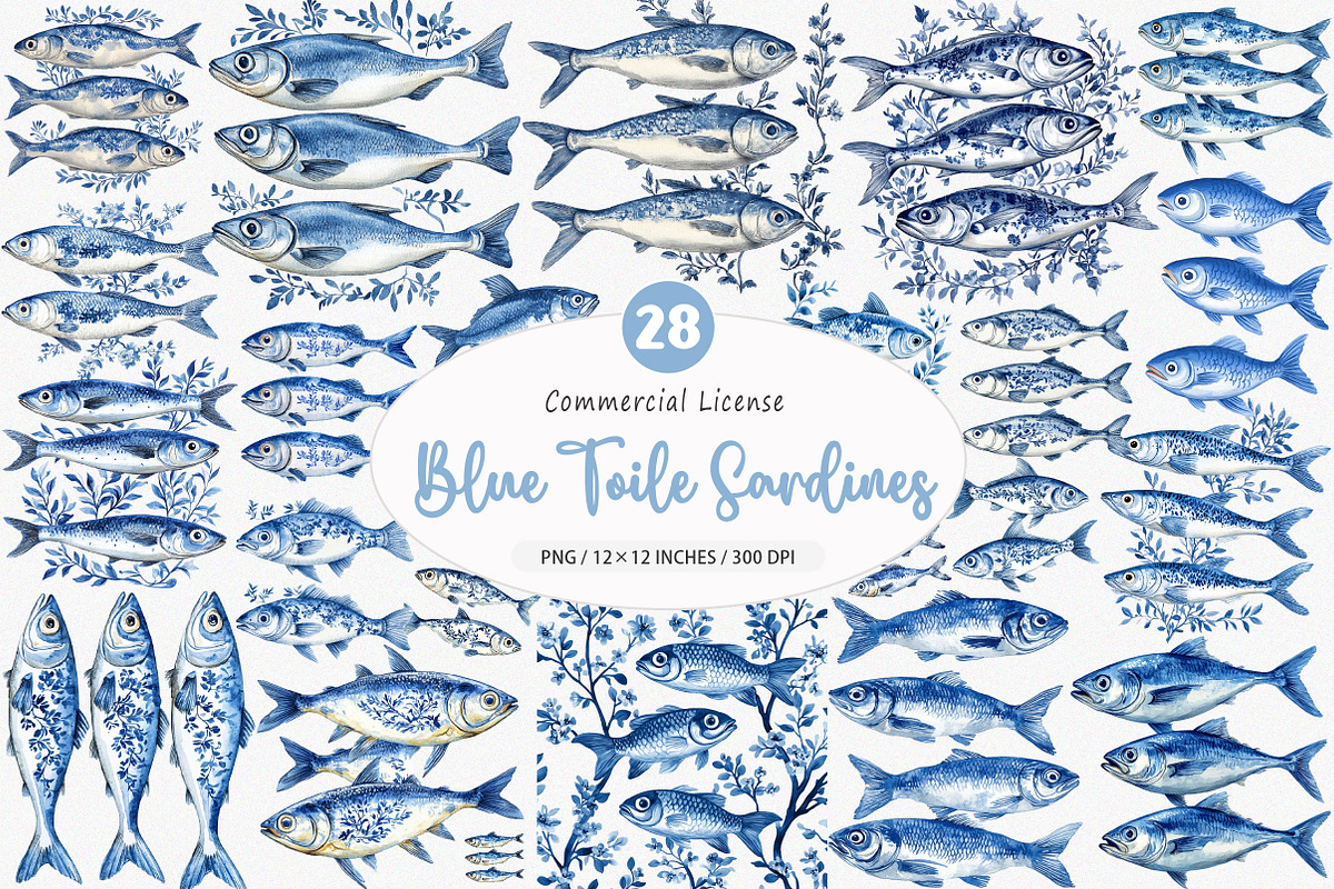 Blue Toile Sardines PNG, an Illustration by SinaCreation (Photo 1 of 5)