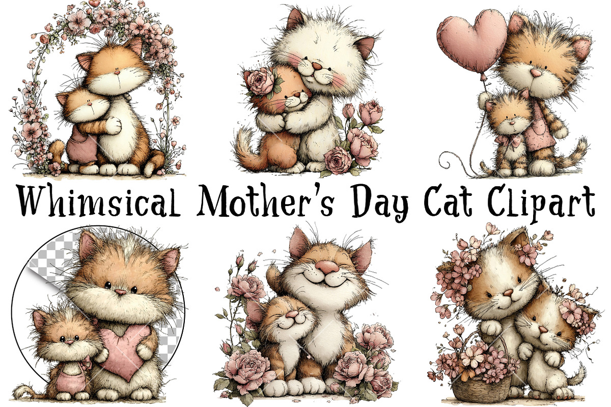 Whimsical Mother's Day Cat Clipart, an Illustration by OK Design (Photo 2 of 6)