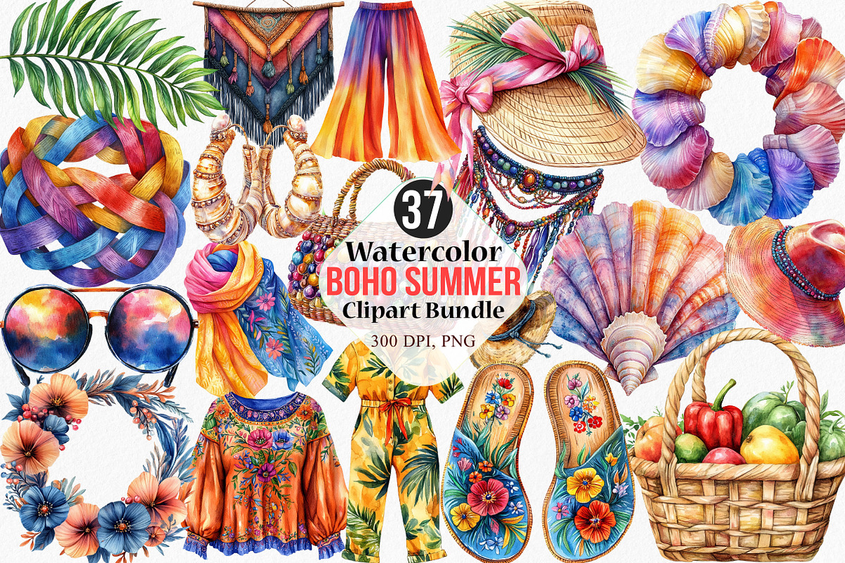 Watercolor Boho Summer Clipart, an Illustration by Canvas Craft (Photo 1 of 7)