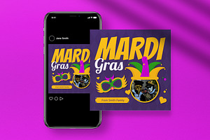 Flat Design Mardi Gras Greeting Card