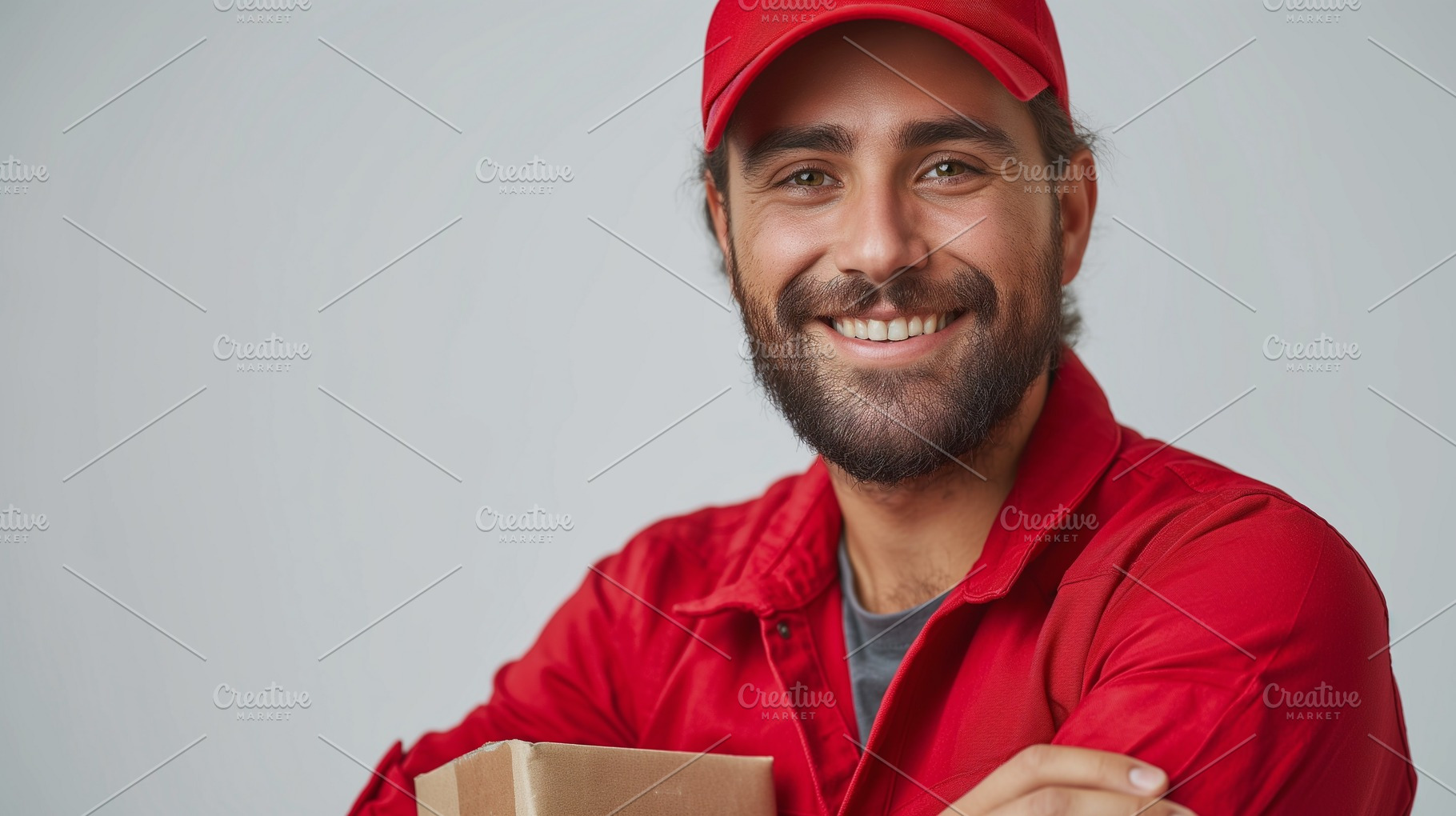 Smiling Hispanic male delivery worker in a red uniform holding a cardboard pack, a Person Photo by ImageMir