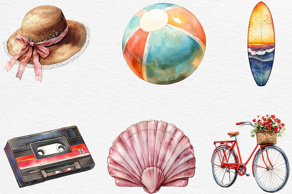 Watercolor Vintage Summer Clipart, an Illustration by Black Bird Studio (Photo 4 of 6)