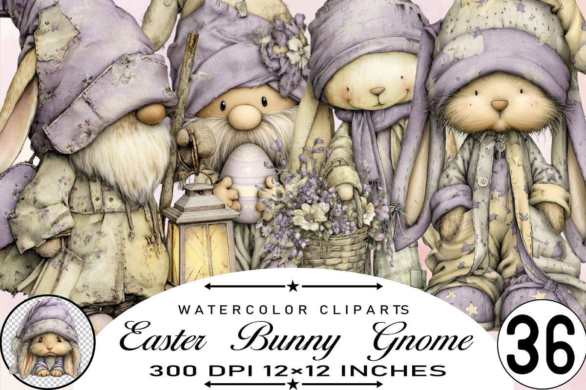 Bunny Gnome Watercolor Clipart, an Illustration by SVGArt (Photo 1 of 7)