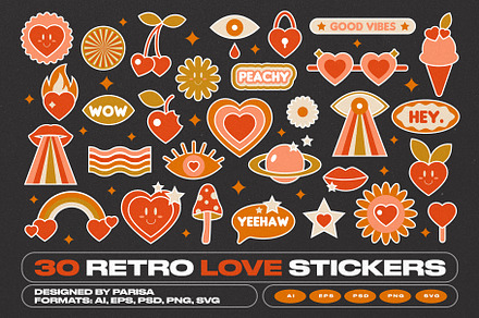 30 Retro Love Stickers, an Object Graphic by Parisa-Artstudio