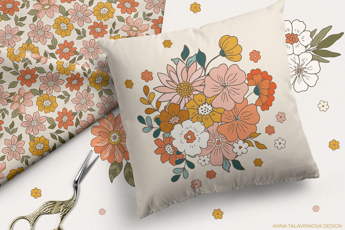 Retro Flowers groovy pattern&clipart, a Background Graphic by Cozy pattern shop (Photo 5 of 10)