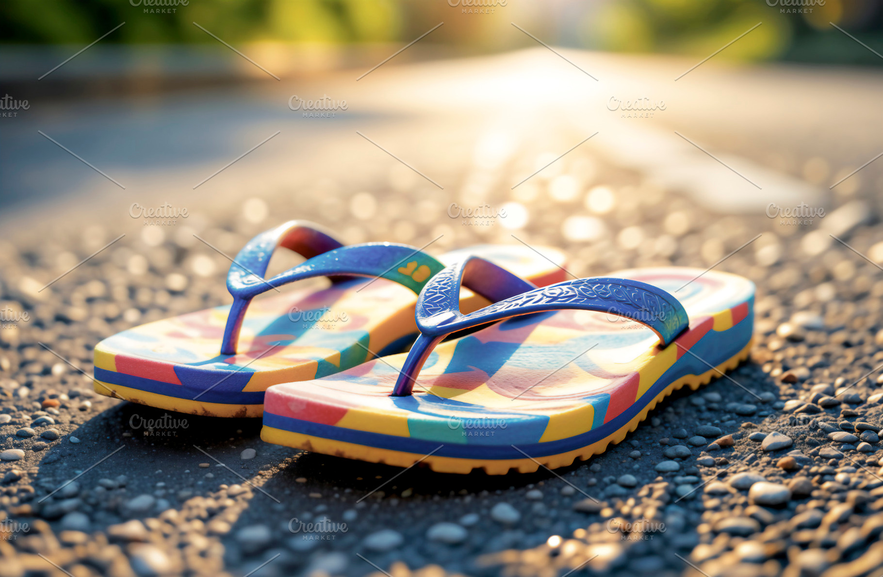 Colorful flip-flops on a road, a Photo by rarrarorro