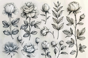 Elegant botanical flower illustration collection with roses peon, a Nature Photo by José Manuel Gelpi