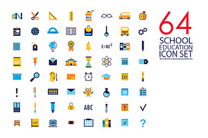 64 education & school flat icon set