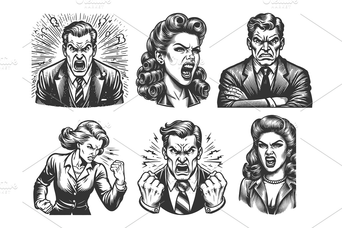 angry boss shouting engraving vector, a Person Illustration by AlexArt