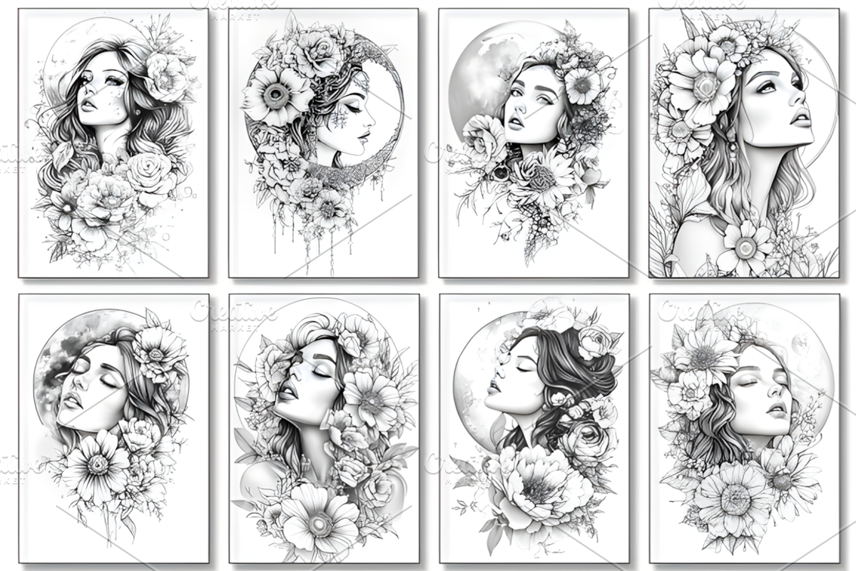 Moon with Flower Queens Coloring Pag, a Decorative Illustration by Design Station (Photo 2 of 3)