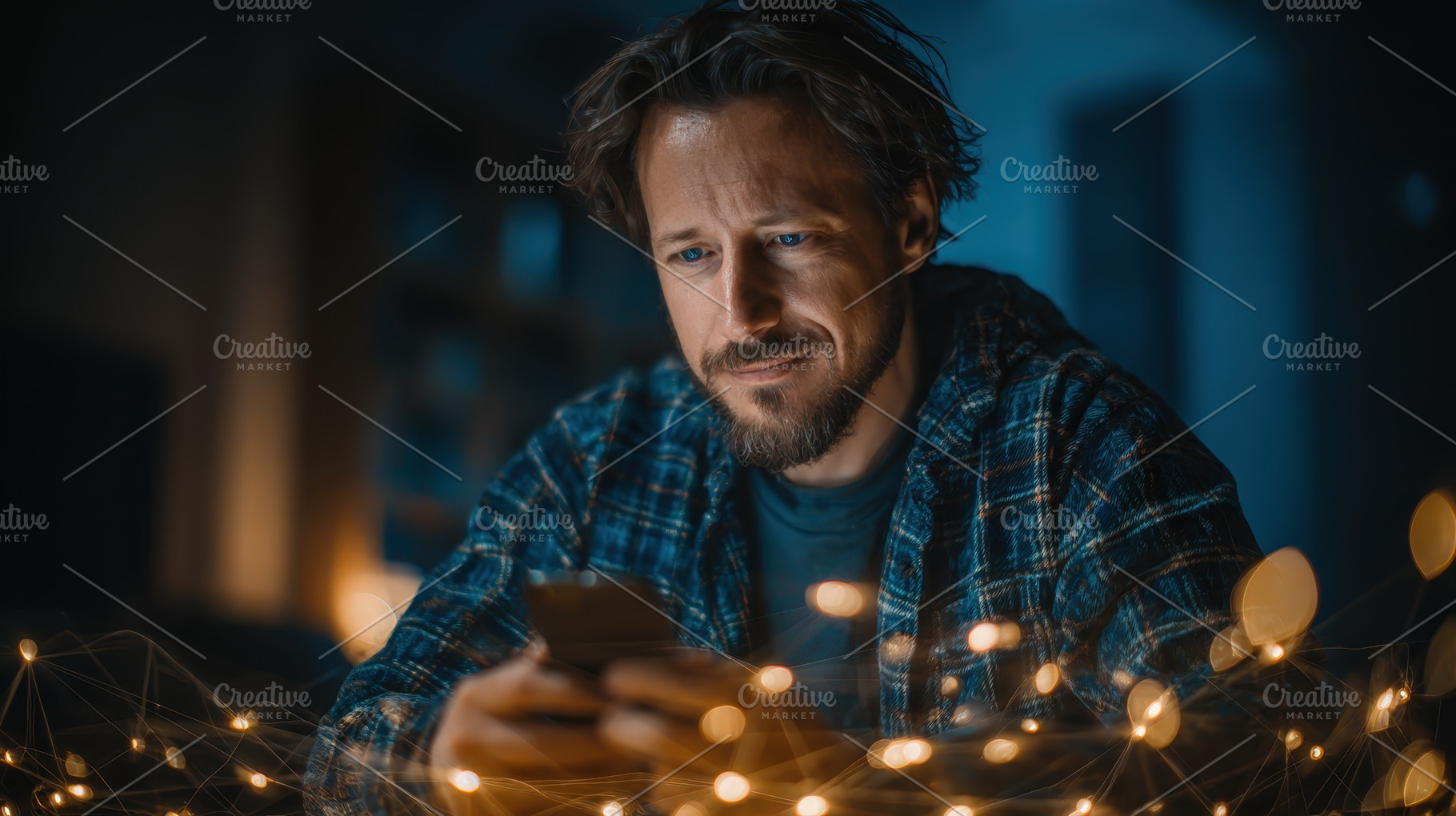 Man using phone cozy night lights, a Photo by Pixeness Studio
