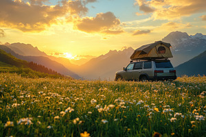 Rugged SUV parked in a flower filled, a Photo by Pavel_design
