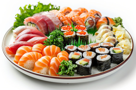 Assorted tasty sushi food in plate on white background, a Food & Drink Photo by AlyaAnd