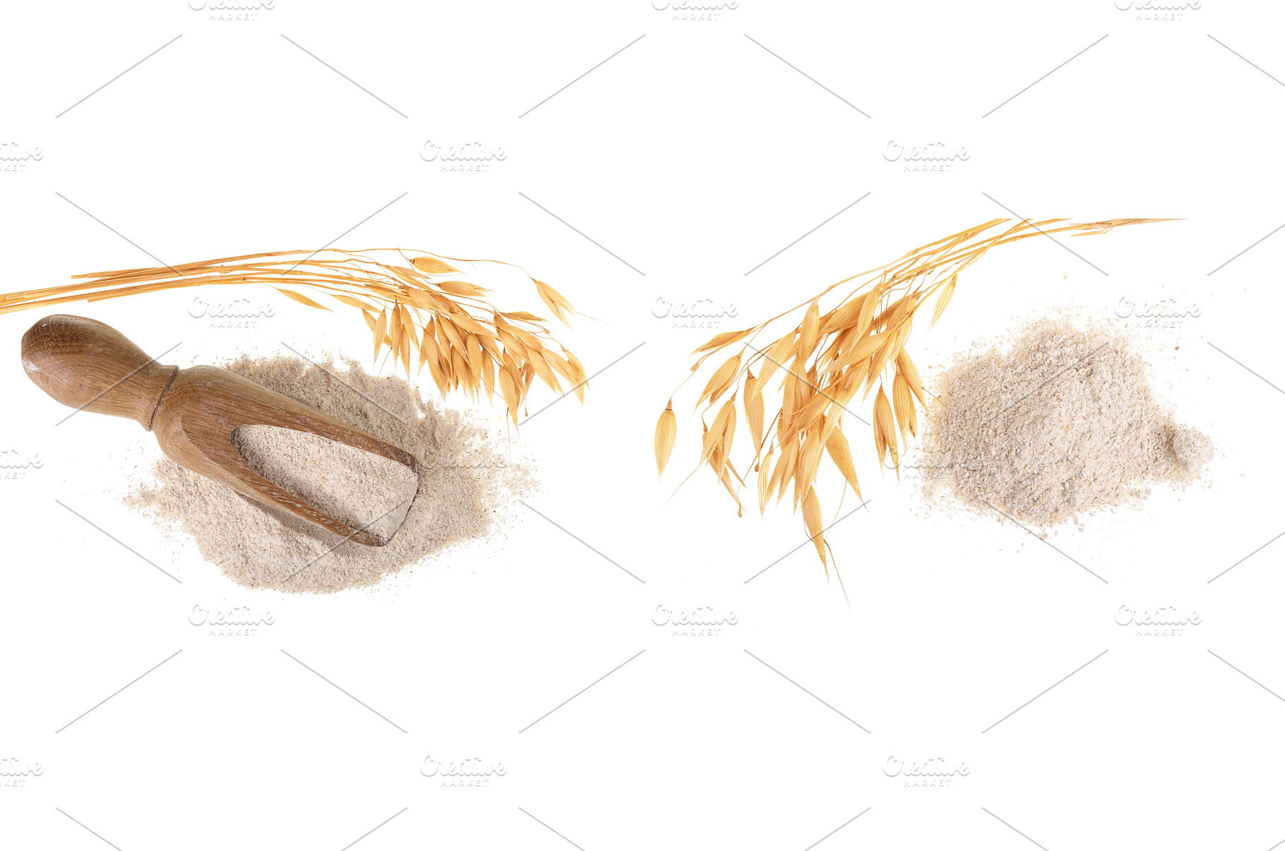 oat spike with flour in wooden scoop, a Food & Drink Photo by NataPhoto