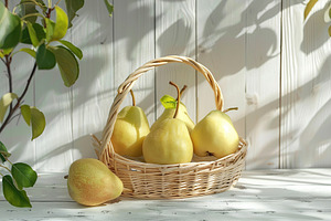 Ripe pears in basket on white wooden background, a Food & Drink Photo by AlyaAnd