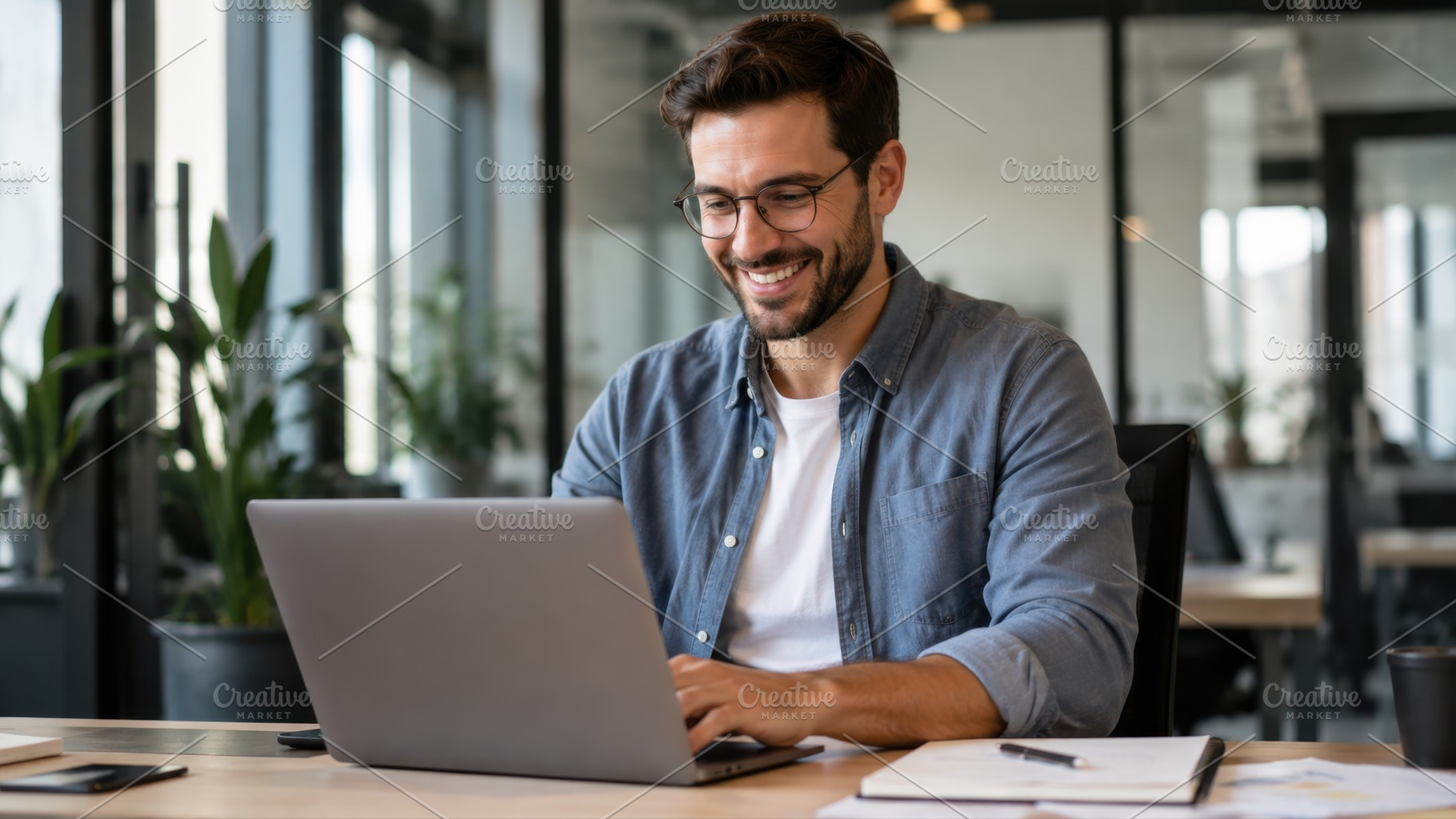 Man works on laptop in modern office, a Photo by Beautiful things