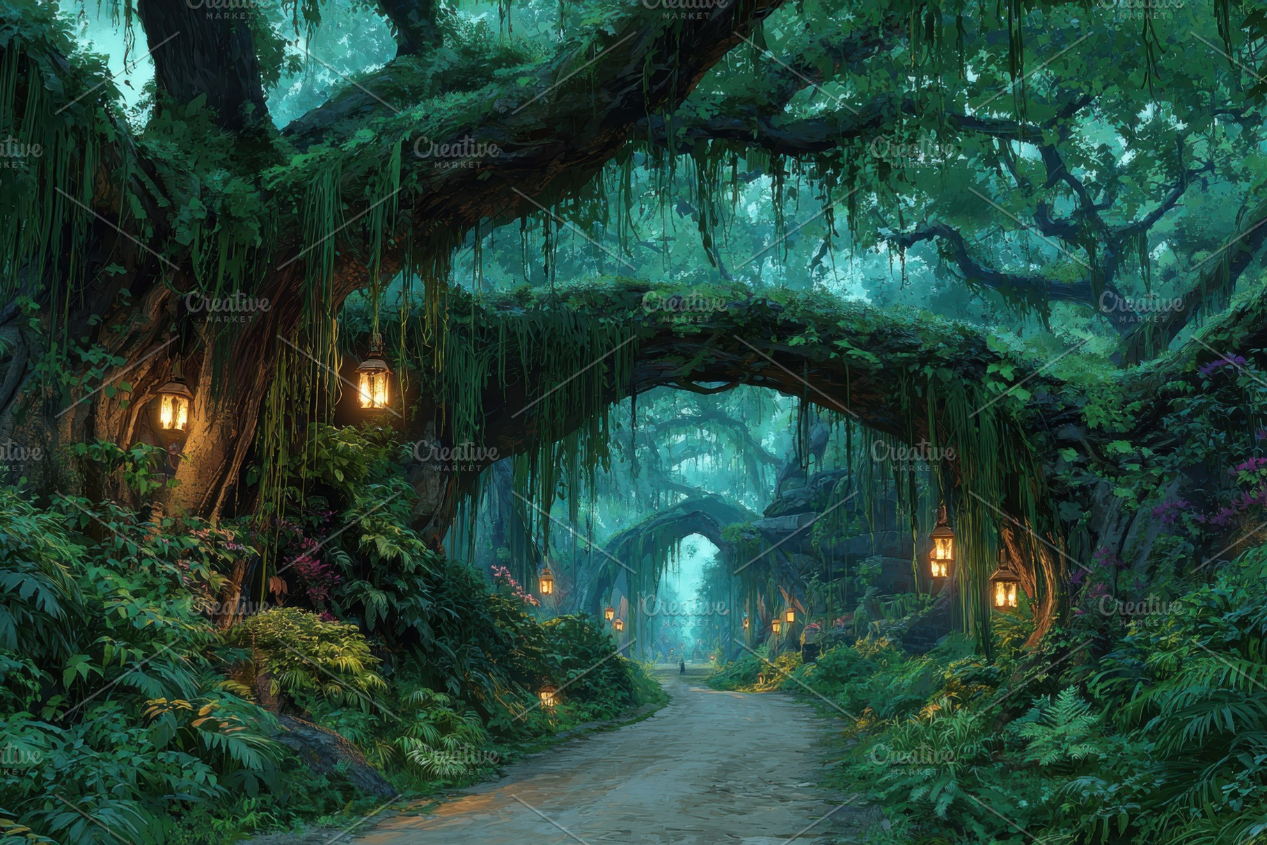 Enchanting Forest Path Lit by Lanter, a Photo by Pixeness Studio