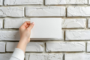 Female hand with blank paper card on white brick wall background, a Background Photo by AlyaAnd